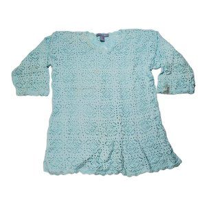 Modern Soul Crochet Lace Knit Shirt Top Aqua Blue 3/4 Sleeve Cottage Dainty